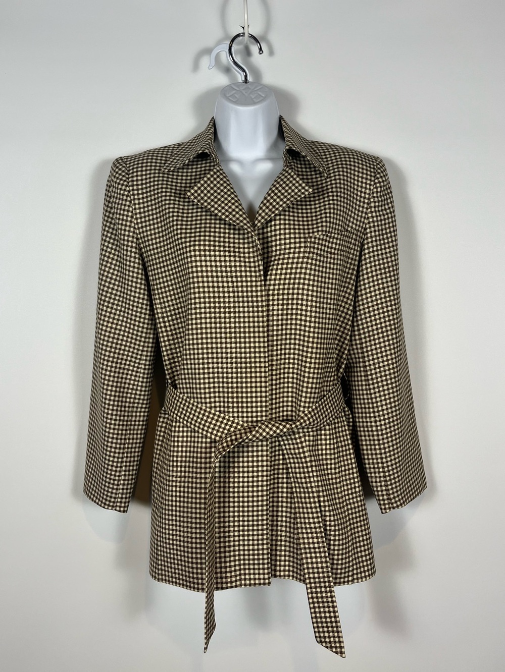 BURBERRYS 100% Wool Brown and Cream Gingham Button DownTie-Waist Blazer Size 8P
